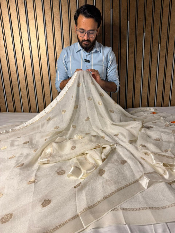 Off White Viscose Georgette Silk Traditional Buta Banarasi Saree