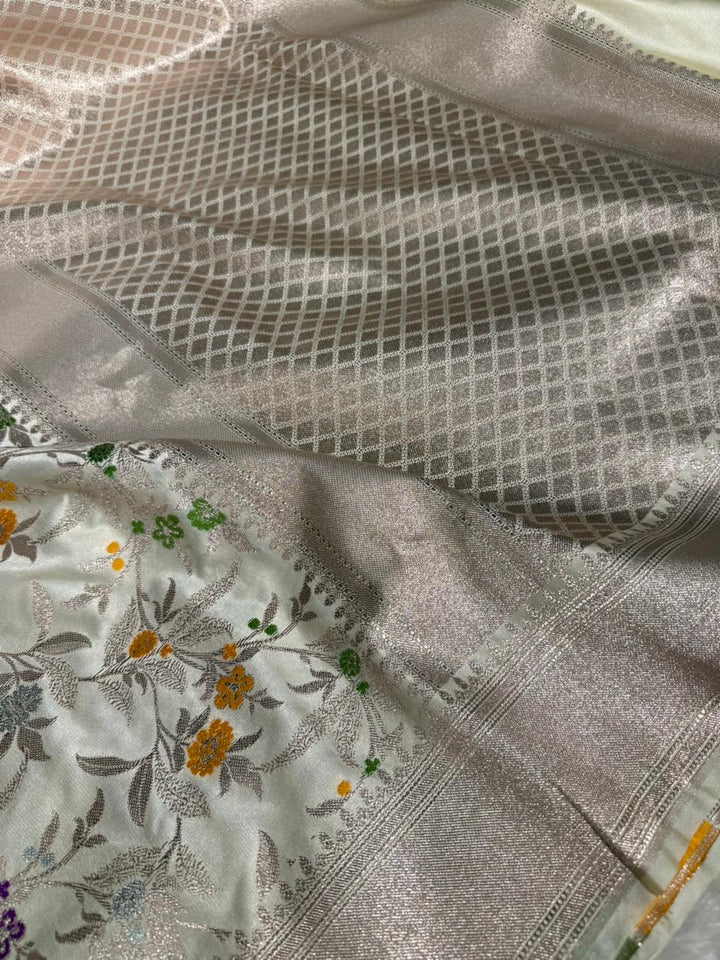 Off White Mashru Katan Silk Meenakari Intricate Weave Banarasi Saree