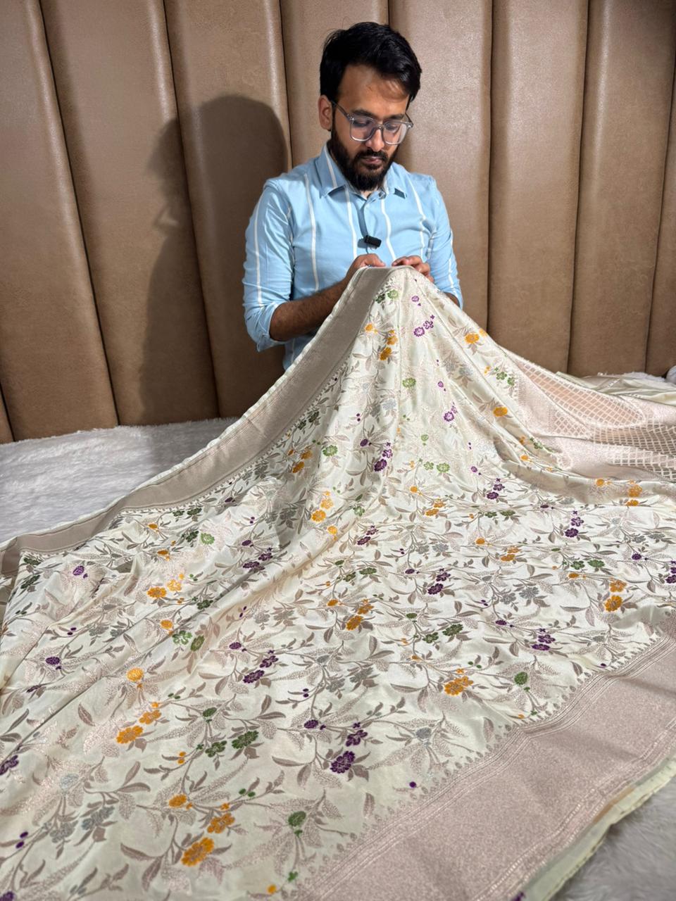 Off White Mashru Katan Silk Meenakari Intricate Weave Banarasi Saree