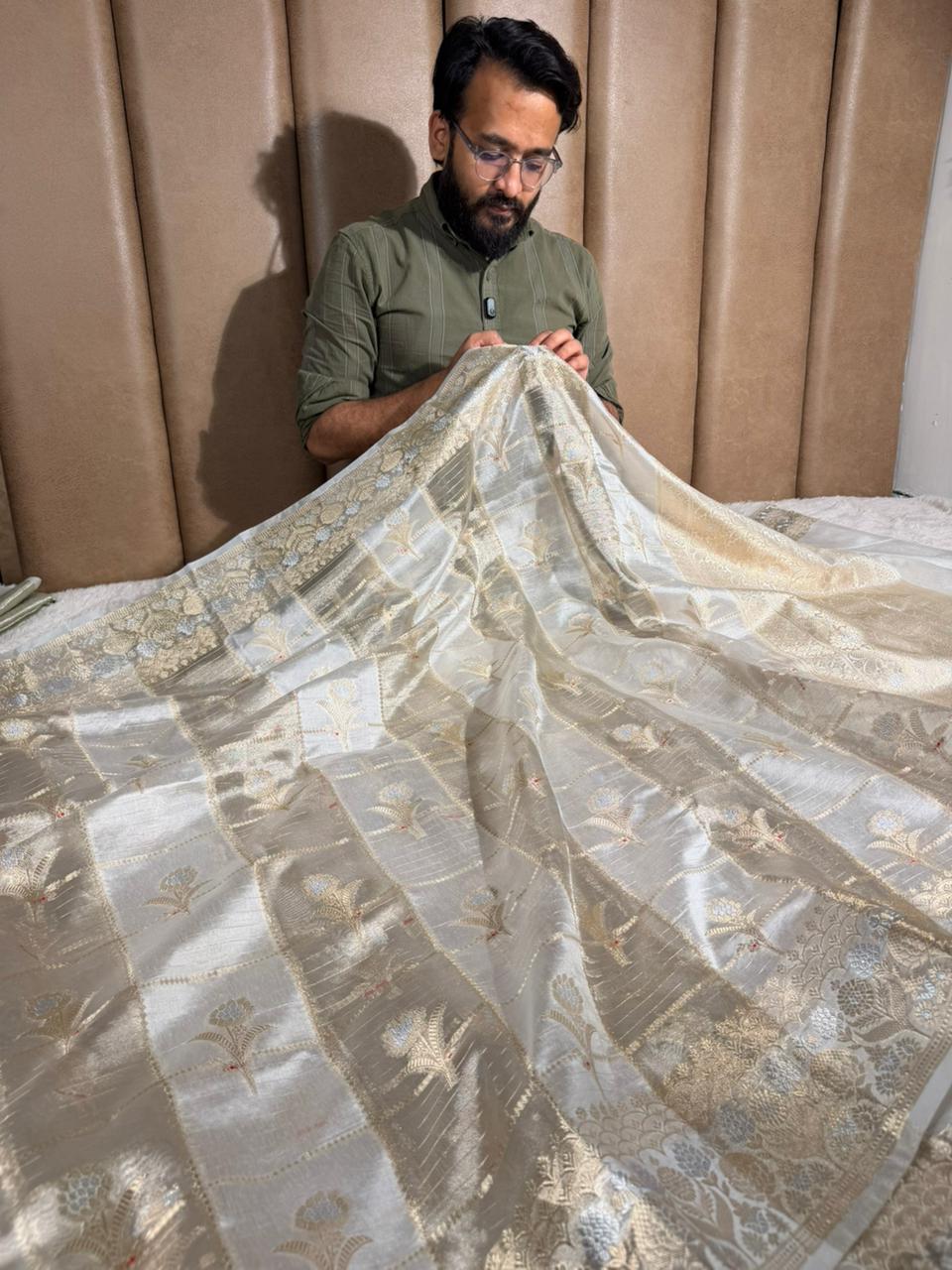 Off white rangkat chinia tissue banarasi saree