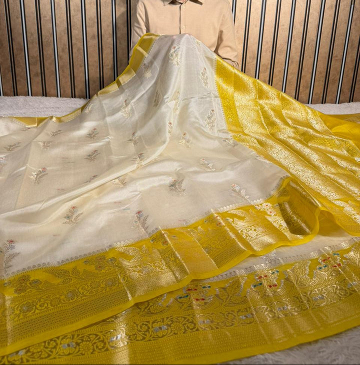 Off white yellow pure mango silk heritage Banarasi Saree