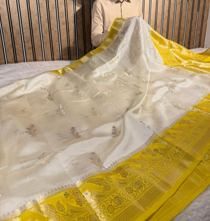 Off white yellow pure mango silk heritage Banarasi Saree