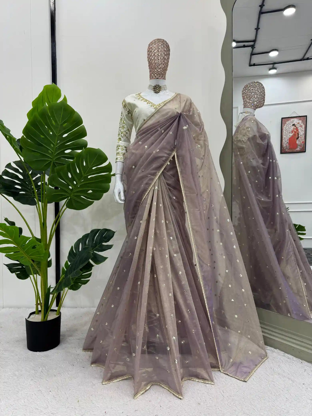 Old Lavender Shimmery Tissue Silk Designer Saree