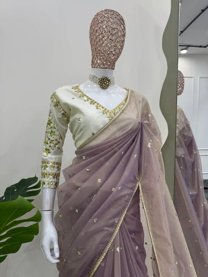 Old Lavender Shimmery Tissue Silk Designer Saree