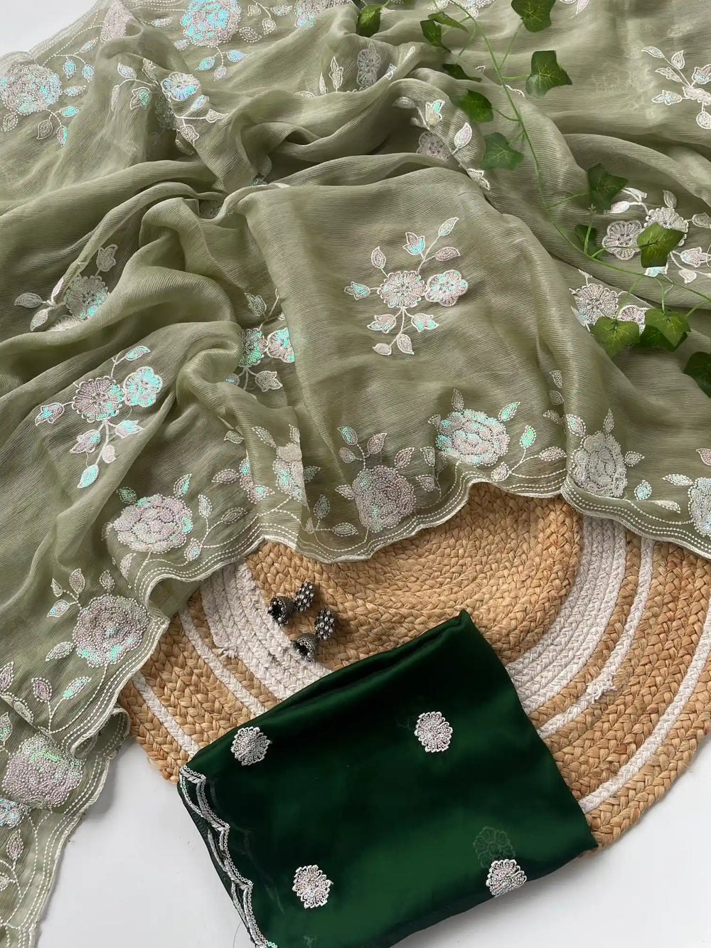 Olive Green Manish Malhotra Inspired Shimmery Tissue Silk Saree