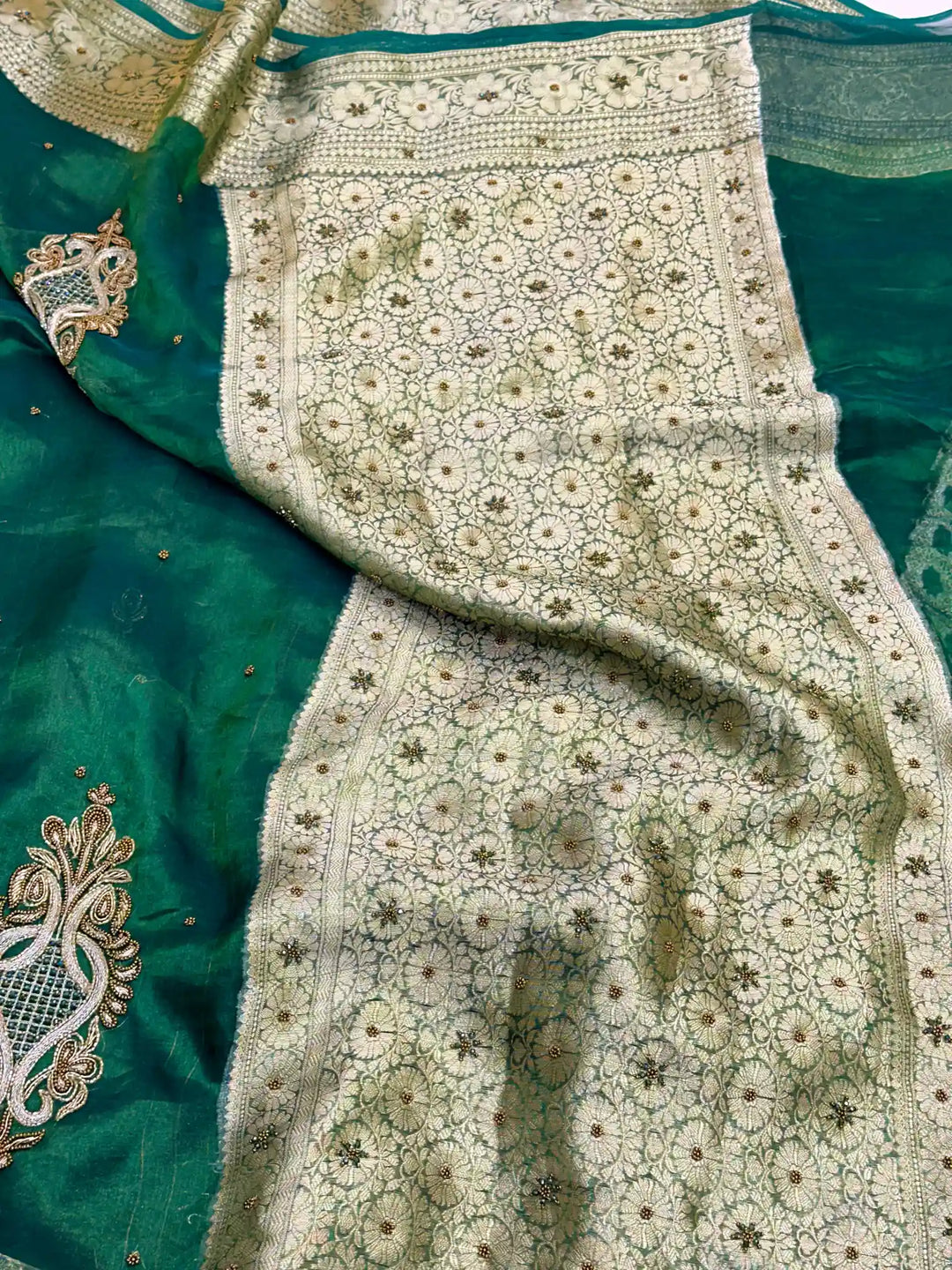 Olive Green Premium Handwork Pure Tissue Silk Banarasi Saree