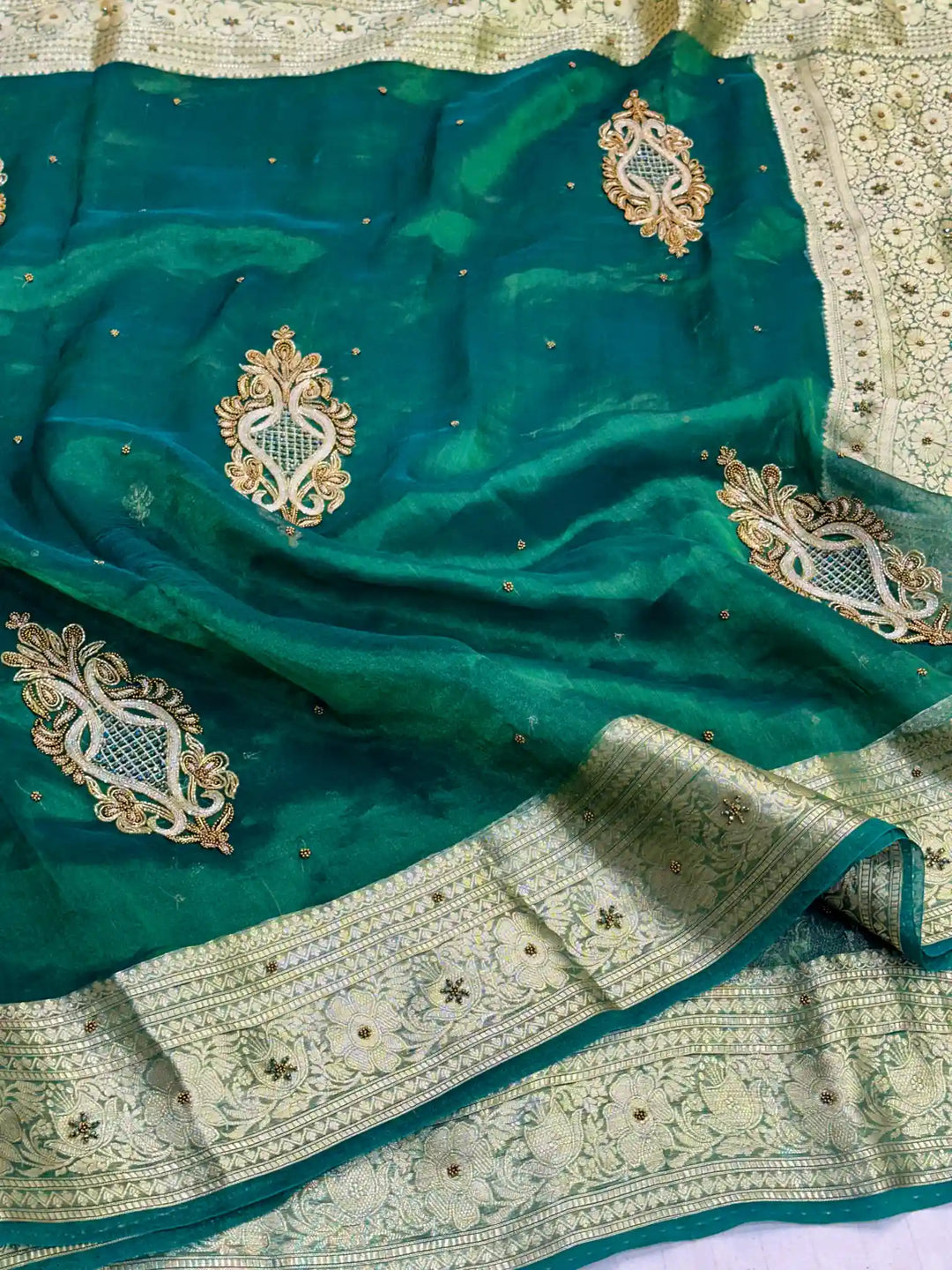 Olive Green Premium Handwork Pure Tissue Silk Banarasi Saree