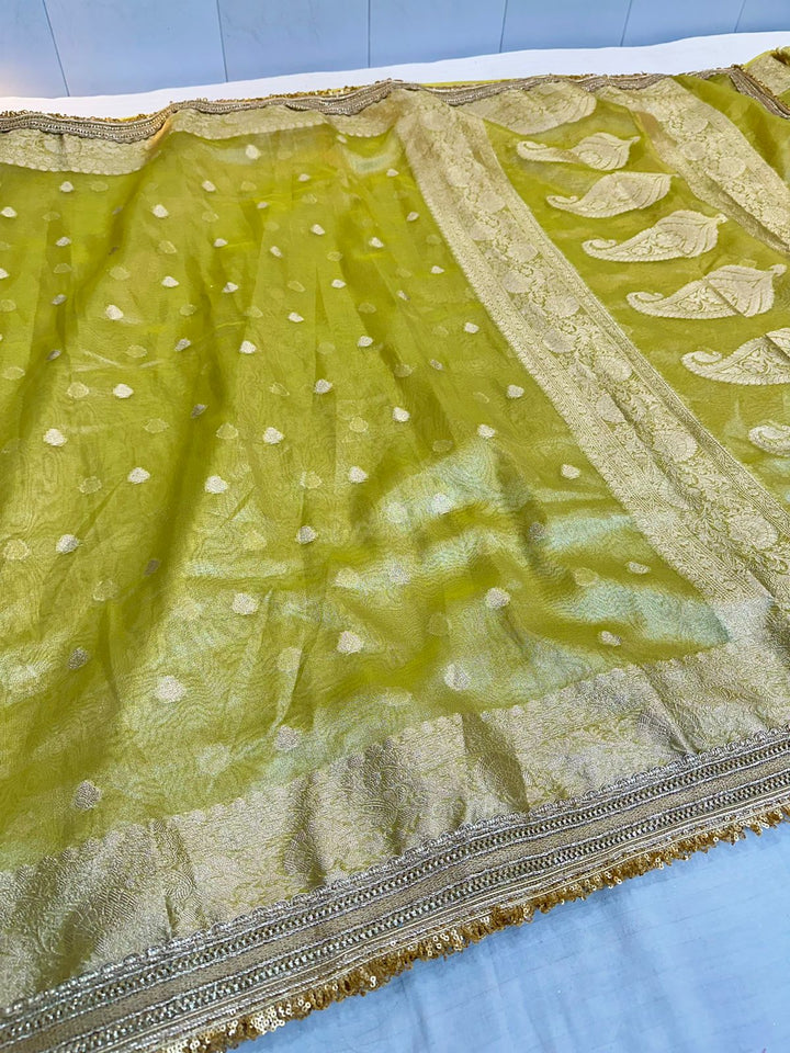 Olive Green Tissue Silk Lace Attached Banarasi Saree