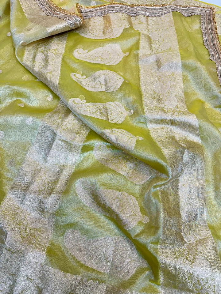Olive Green Tissue Silk Lace Attached Banarasi Saree