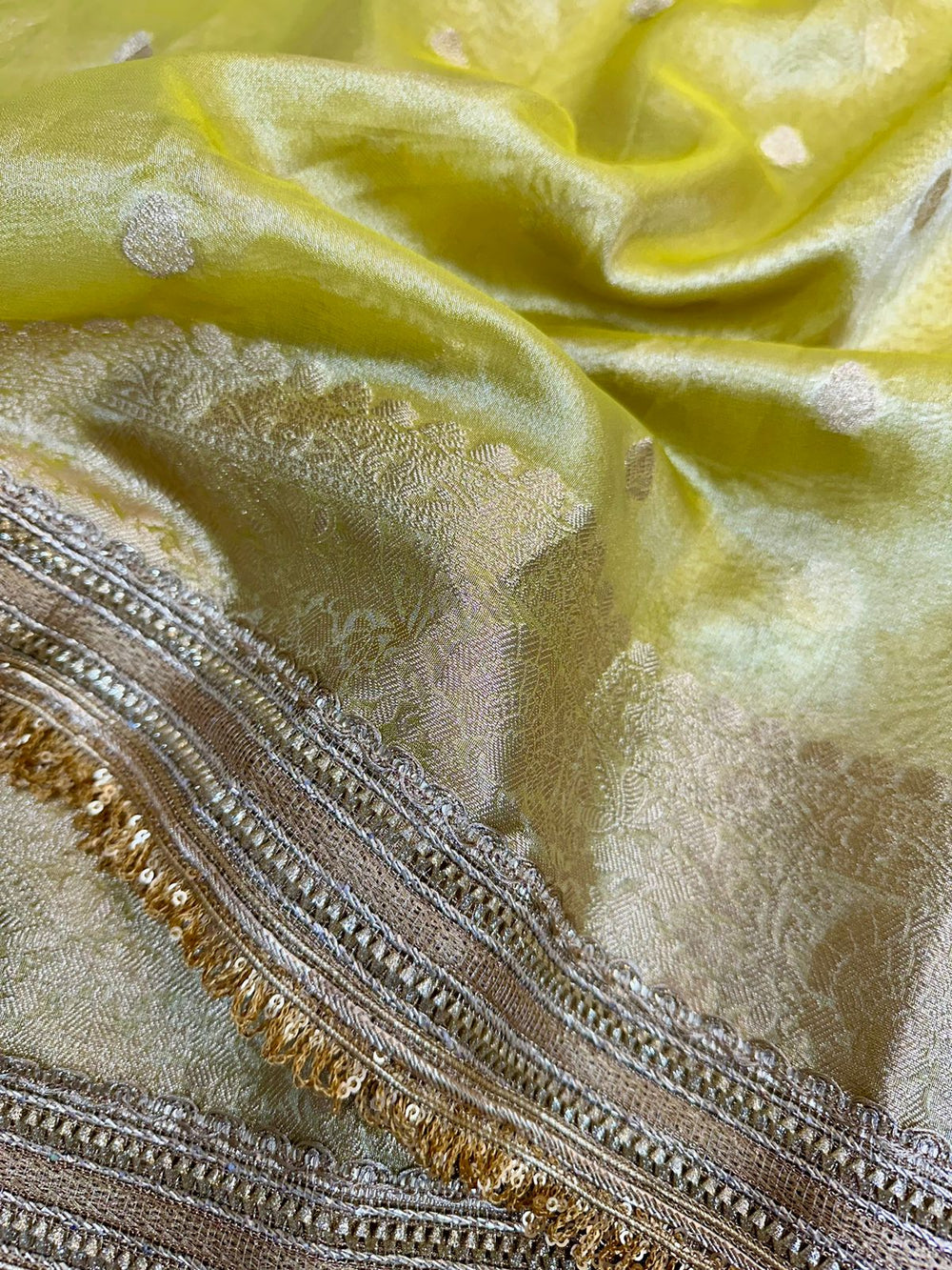 Olive Green Tissue Silk Lace Attached Banarasi Saree