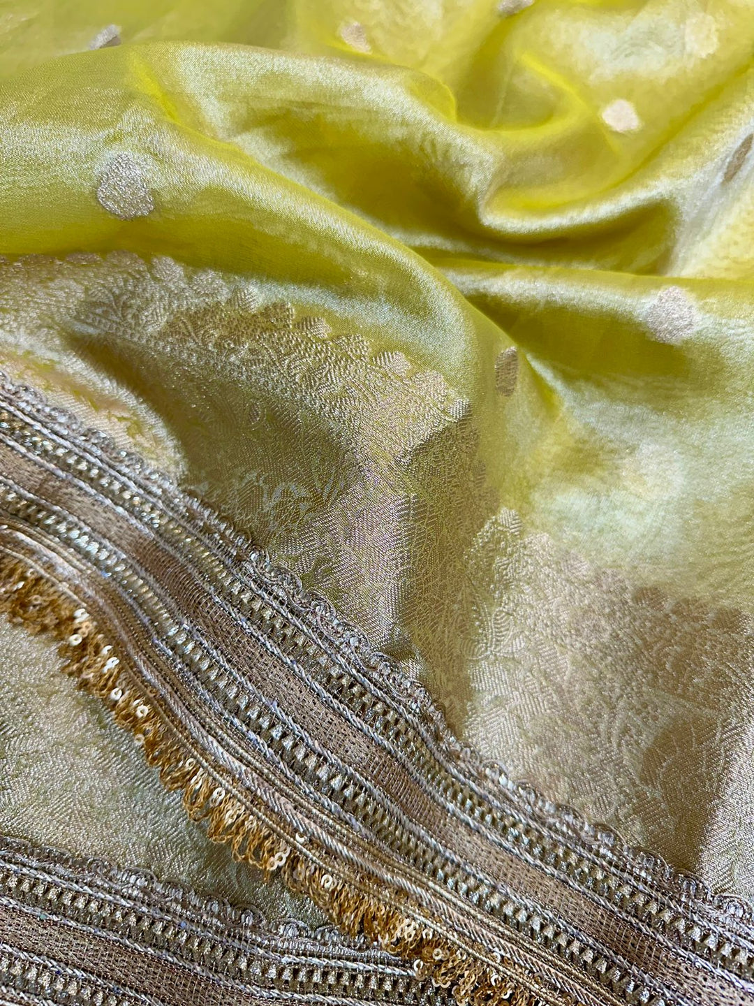 Olive Green Tissue Silk Lace Attached Banarasi Saree