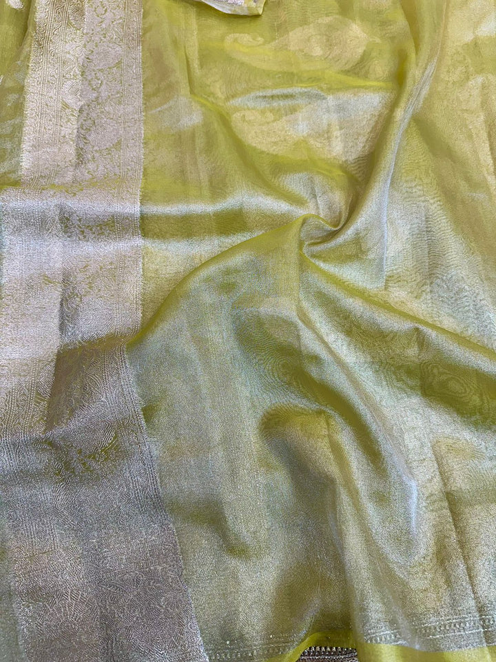 Olive Green Tissue Silk Lace Attached Banarasi Saree