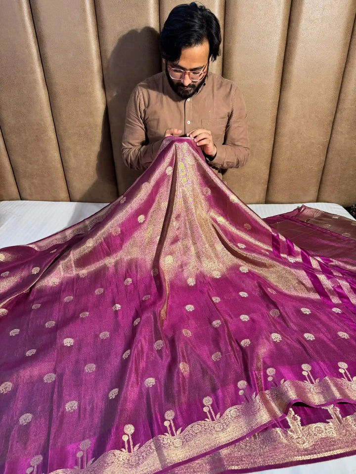 Onion Pink Breathable Katan Tissue Silk Saree with Rich Pallu and Blouse