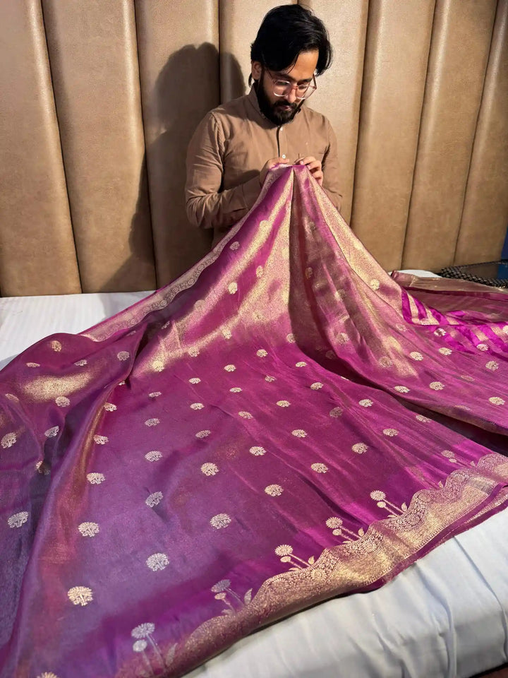 Onion Pink Breathable Katan Tissue Silk Saree with Rich Pallu and Blouse