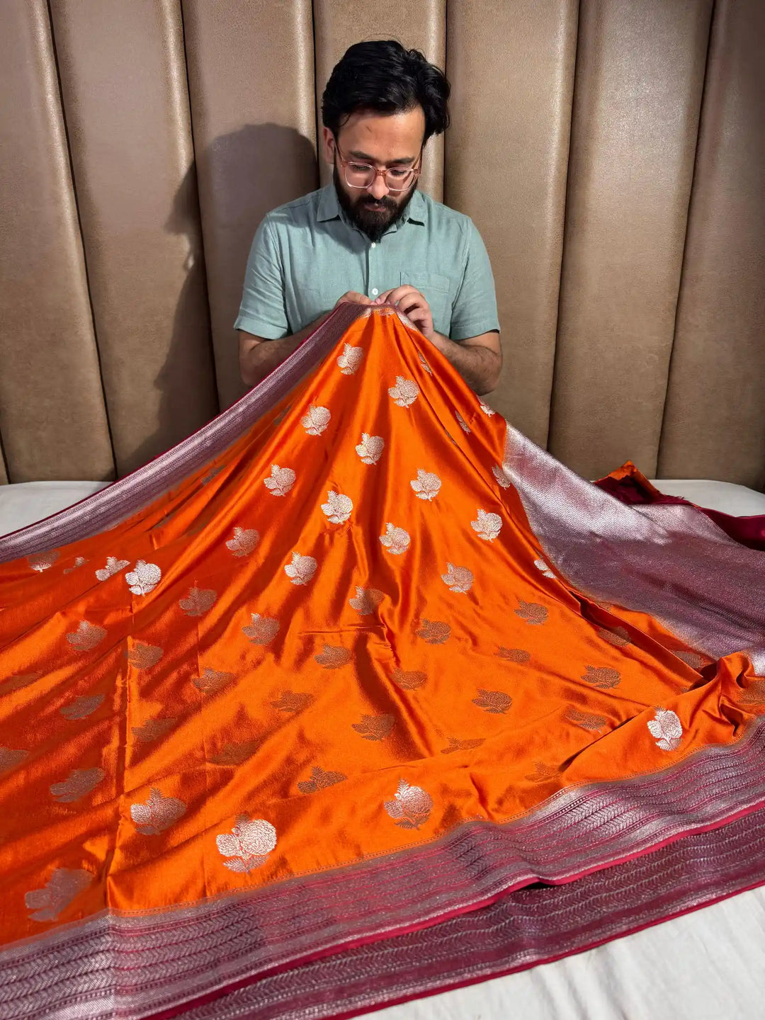 Orange Banarasi Mashru Katan Silk Saree with Rich Pallu and Blouse