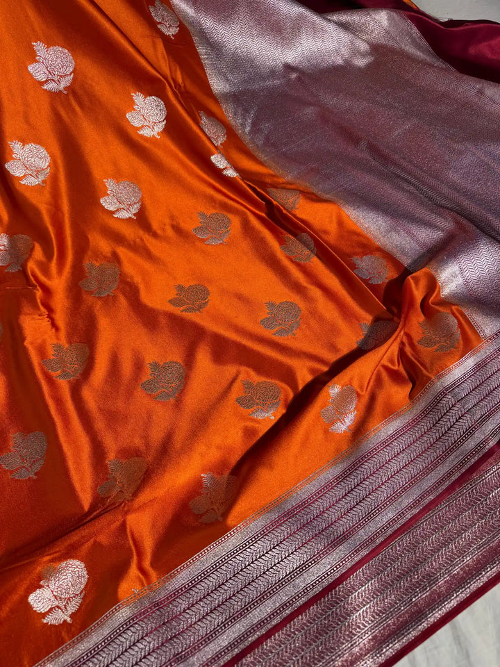 Orange Banarasi Mashru Katan Silk Saree with Rich Pallu and Blouse