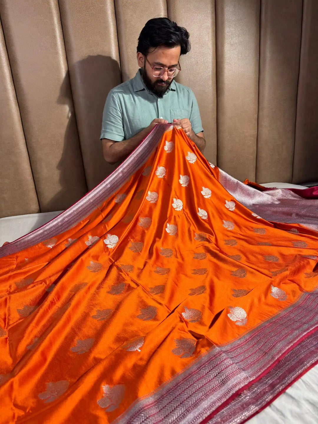 Orange Banarasi Mashru Katan Silk Saree with Rich Pallu and Blouse