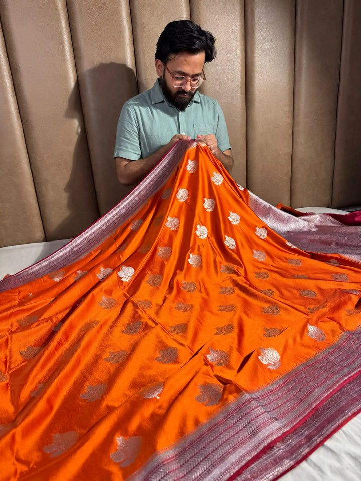 Orange Banarasi Mashru Katan Silk Saree with Rich Pallu and Blouse