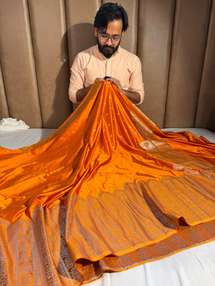 Deep Saffron Mashru Katan Silk Saree with Rich Pallu and Blouse