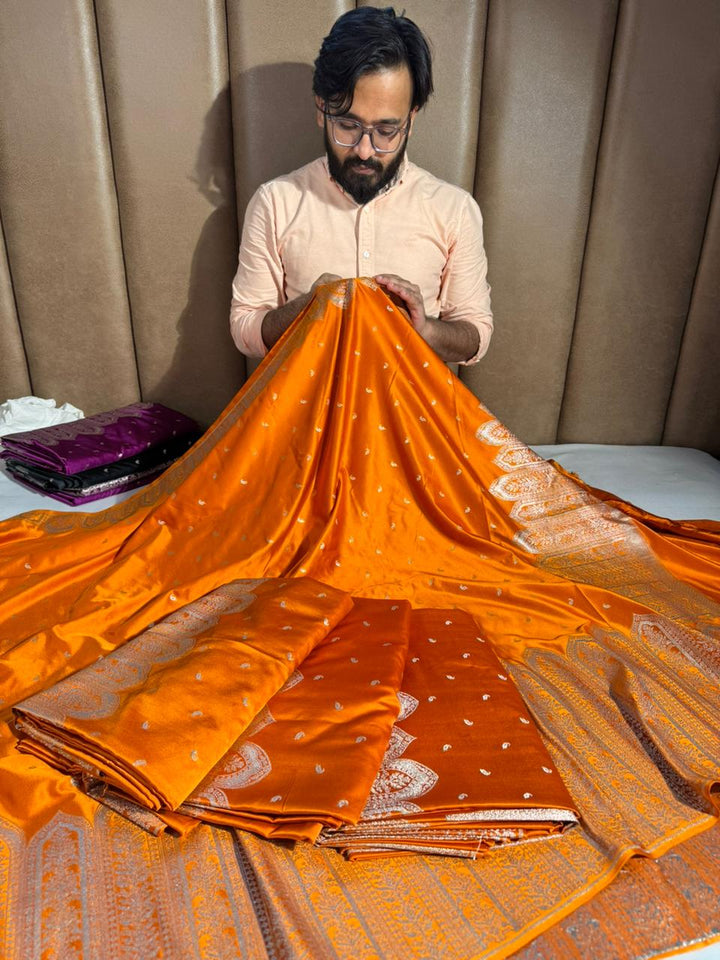 Deep Saffron Mashru Katan Silk Saree with Rich Pallu and Blouse