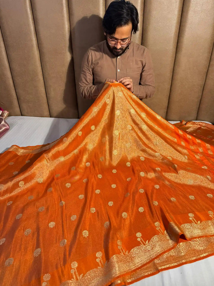 Orange Breathable Katan Tissue Silk Saree with Rich Pallu and Blouse