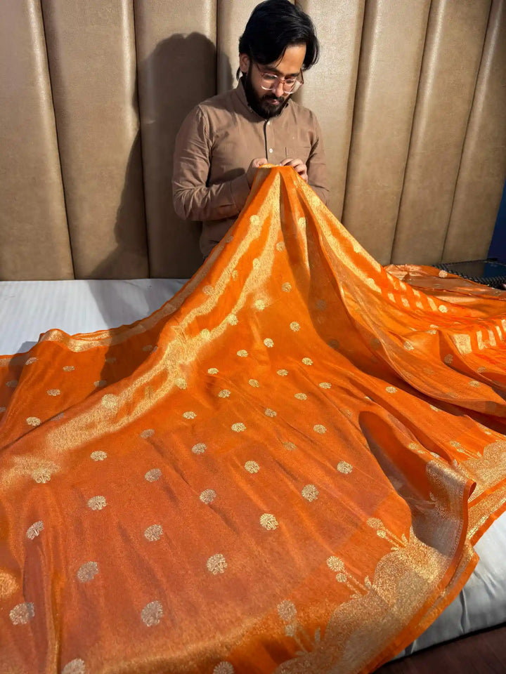 Orange Breathable Katan Tissue Silk Saree with Rich Pallu and Blouse