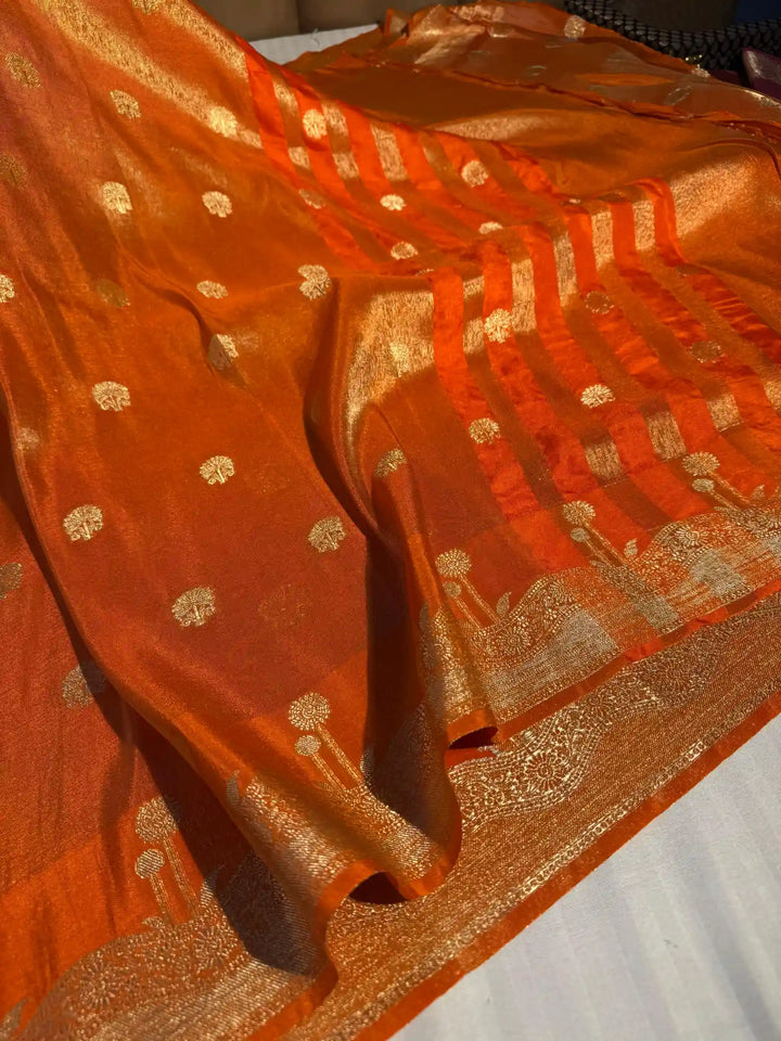 Orange Breathable Katan Tissue Silk Saree with Rich Pallu and Blouse