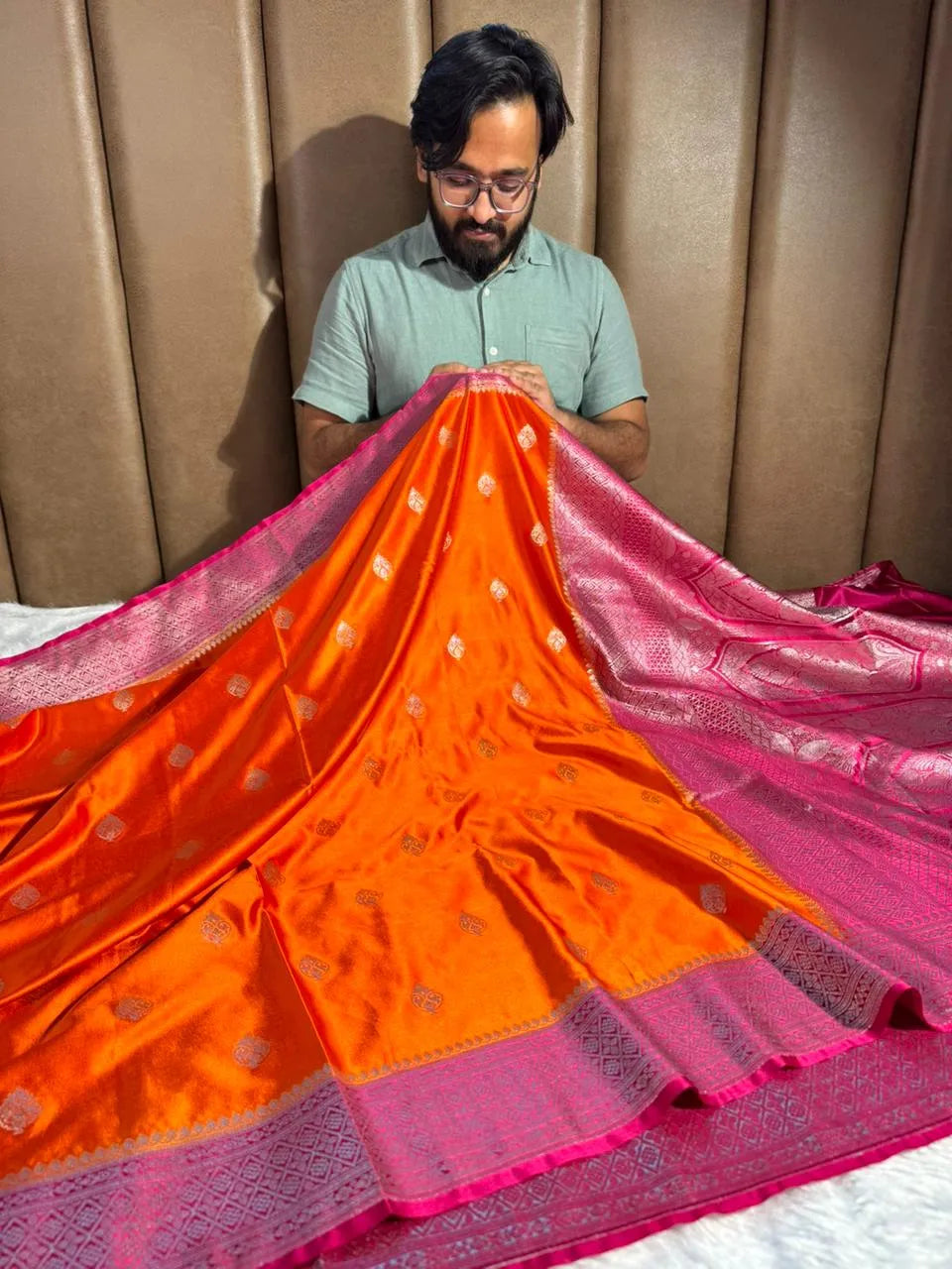 Orange Contrast Mashru Katan Silk Buta Work Banarasi Saree