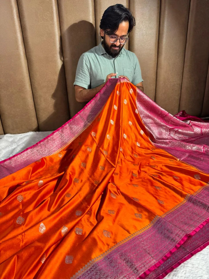 Orange Contrast Mashru Katan Silk Buta Work Banarasi Saree