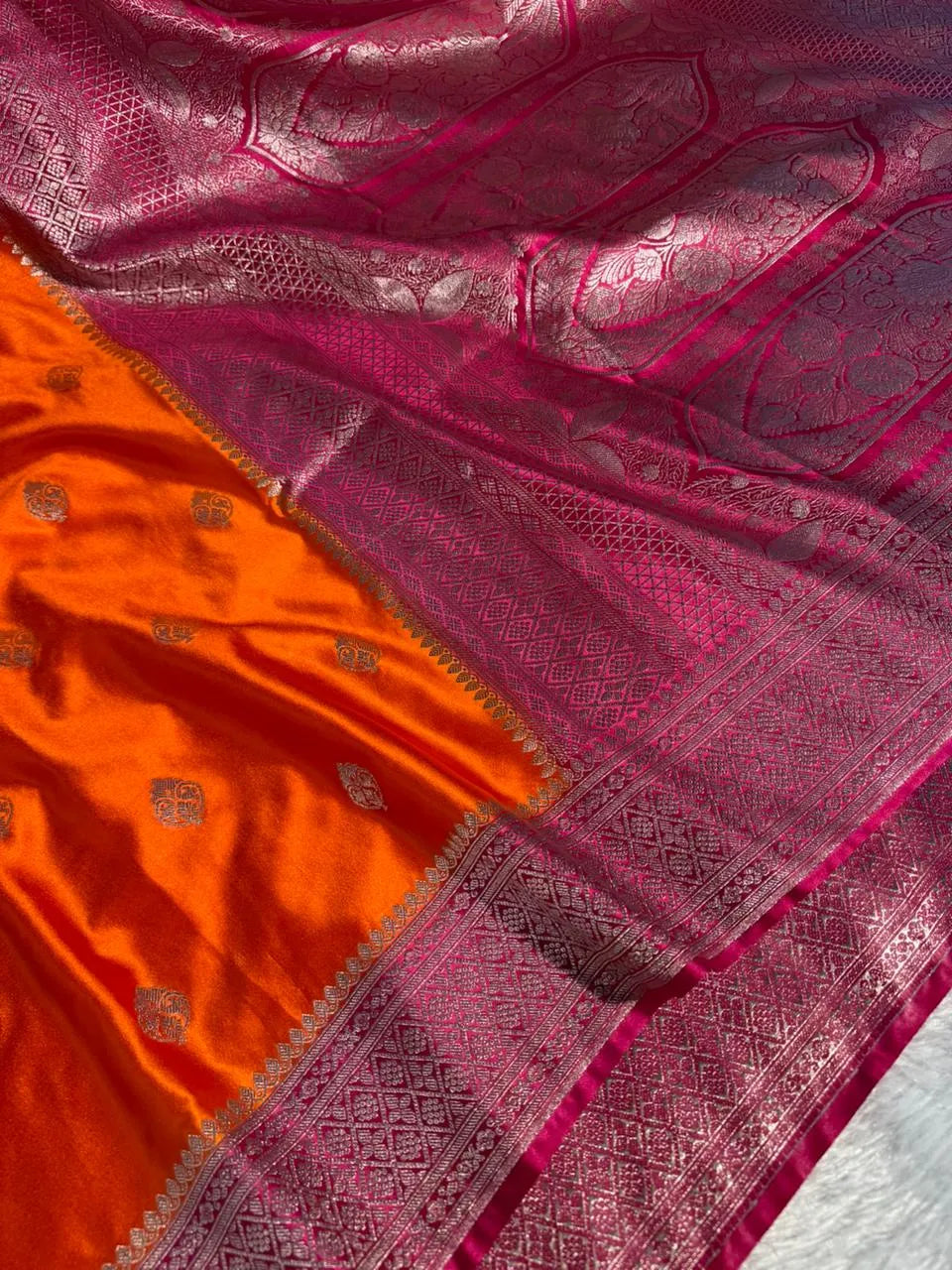 Orange Contrast Mashru Katan Silk Buta Work Banarasi Saree