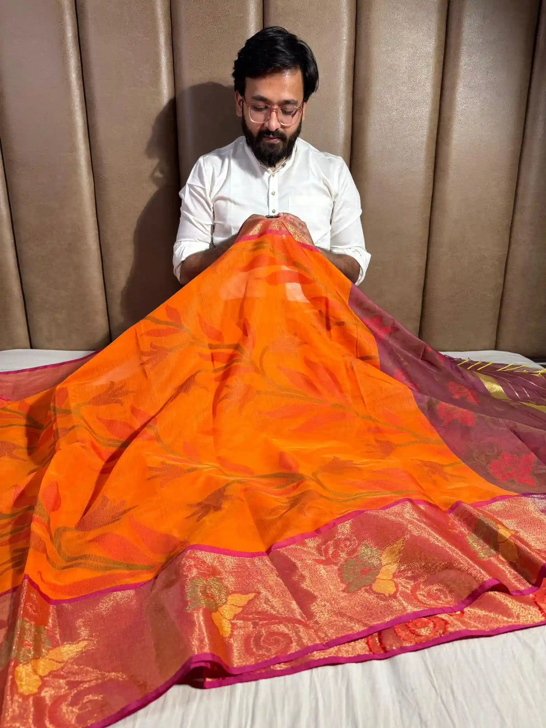 Orange Cotton Pochampally Saree with Very Fine Quality Weaved Technique and Texture Zari Border