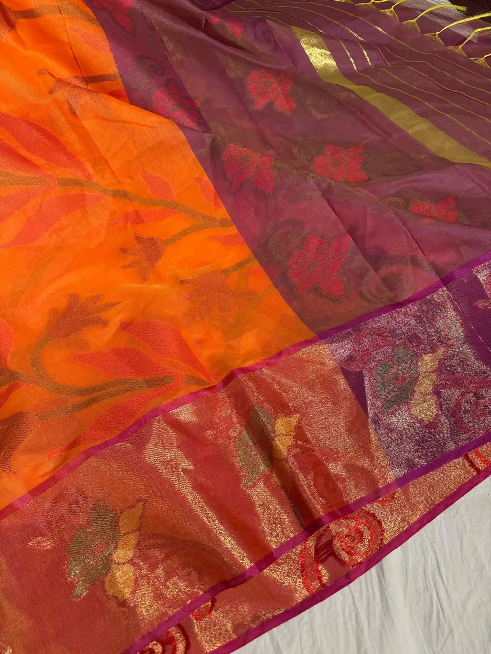 Orange Cotton Pochampally Saree with Very Fine Quality Weaved Technique and Texture Zari Border
