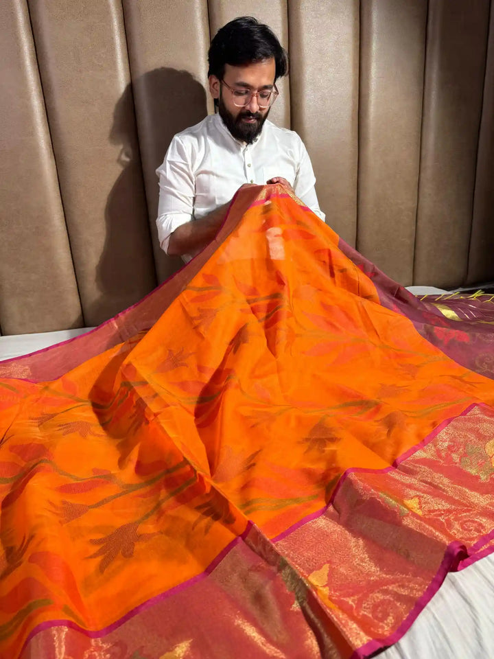 Orange Cotton Pochampally Saree with Very Fine Quality Weaved Technique and Texture Zari Border
