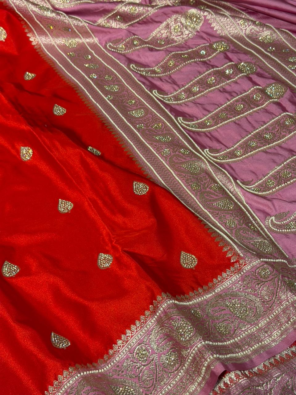 Orange Lilac Mashru Katan Premium Handwork Saree