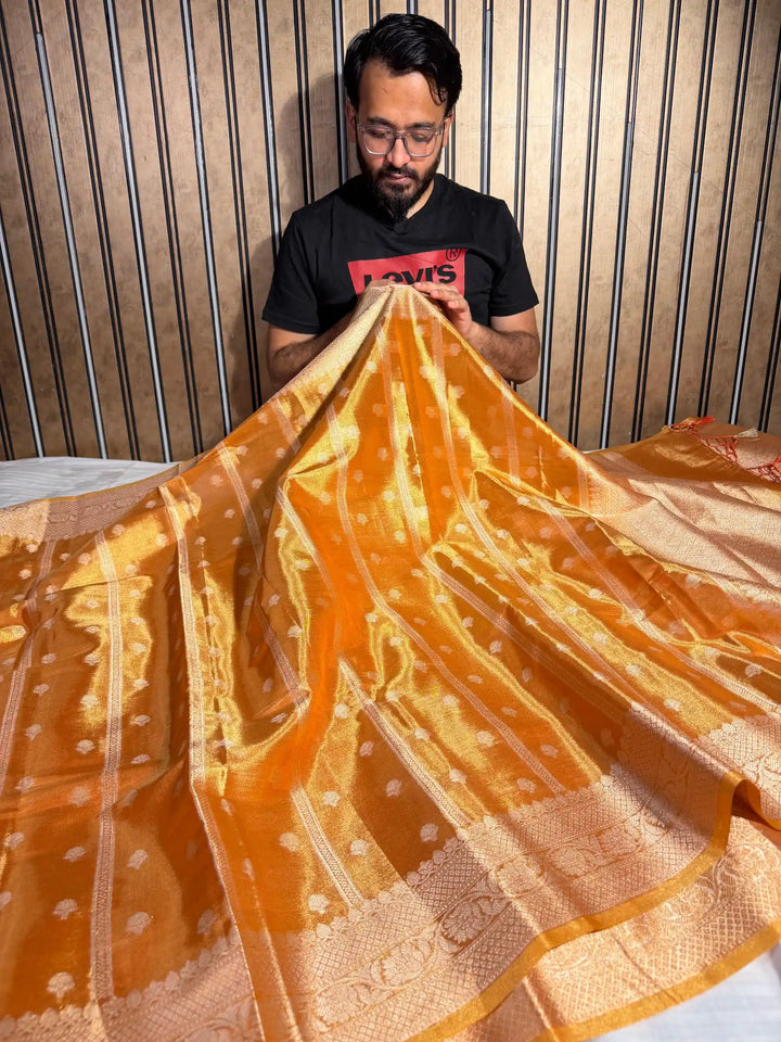 Orange Peel Kathan Tissue Silk Zari Buta Banarasi Saree