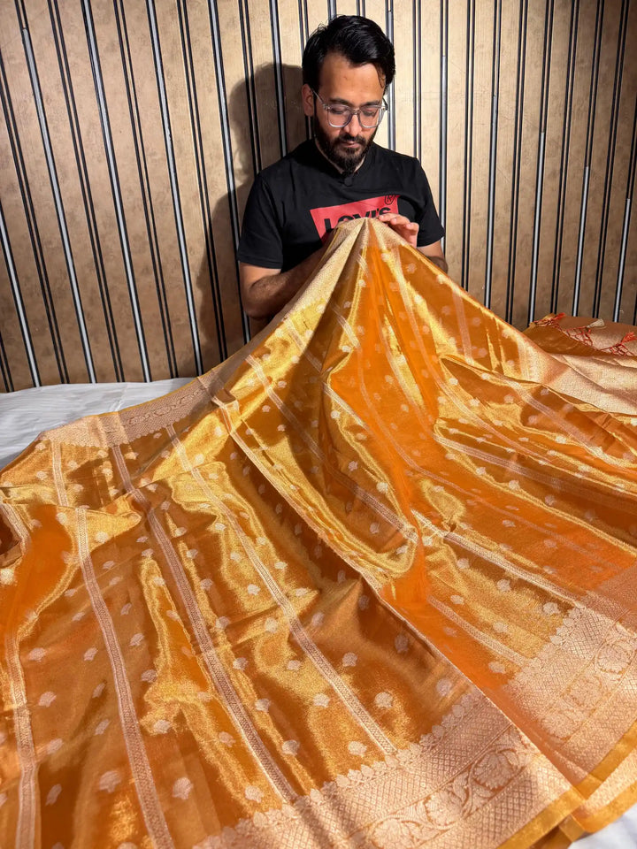 Orange Peel Kathan Tissue Silk Zari Buta Banarasi Saree
