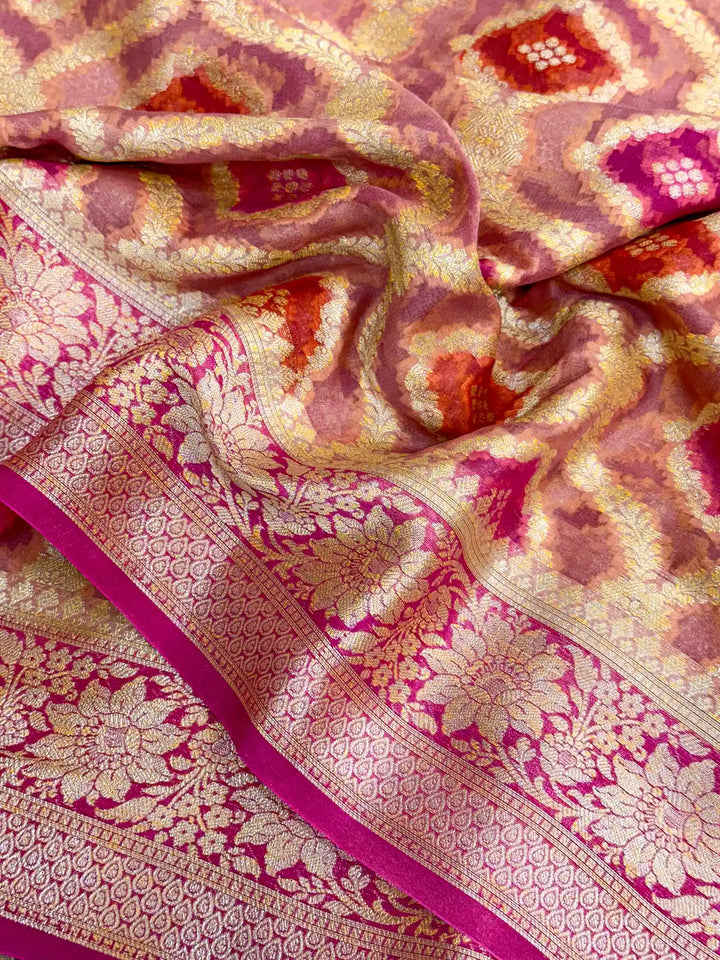 Orange Pink Hand Brush Dyed Chiffon Khaddi Banarasi Saree