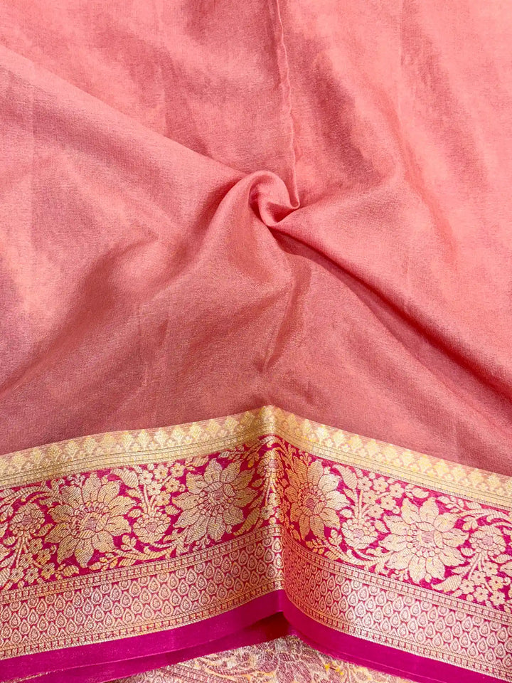 Orange Pink Hand Brush Dyed Chiffon Khaddi Banarasi Saree