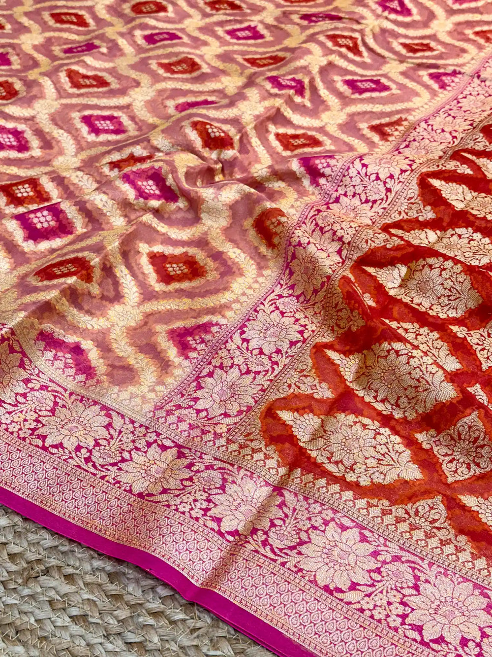 Orange Pink Hand Brush Dyed Chiffon Khaddi Banarasi Saree