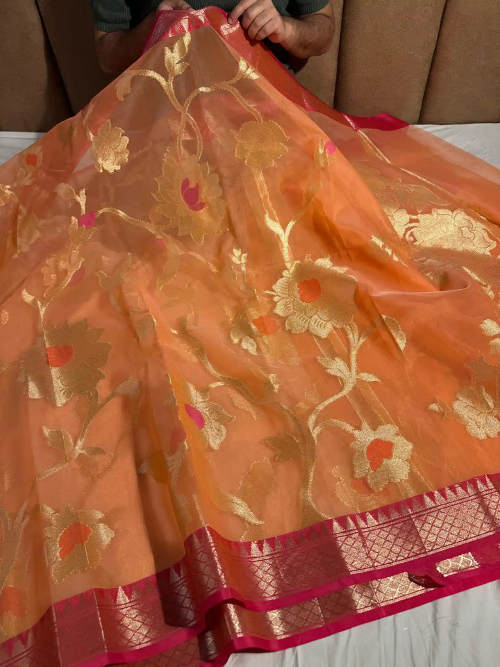 Orange Premium Organza Banarasi Silk Saree with Extraordinary Pallu