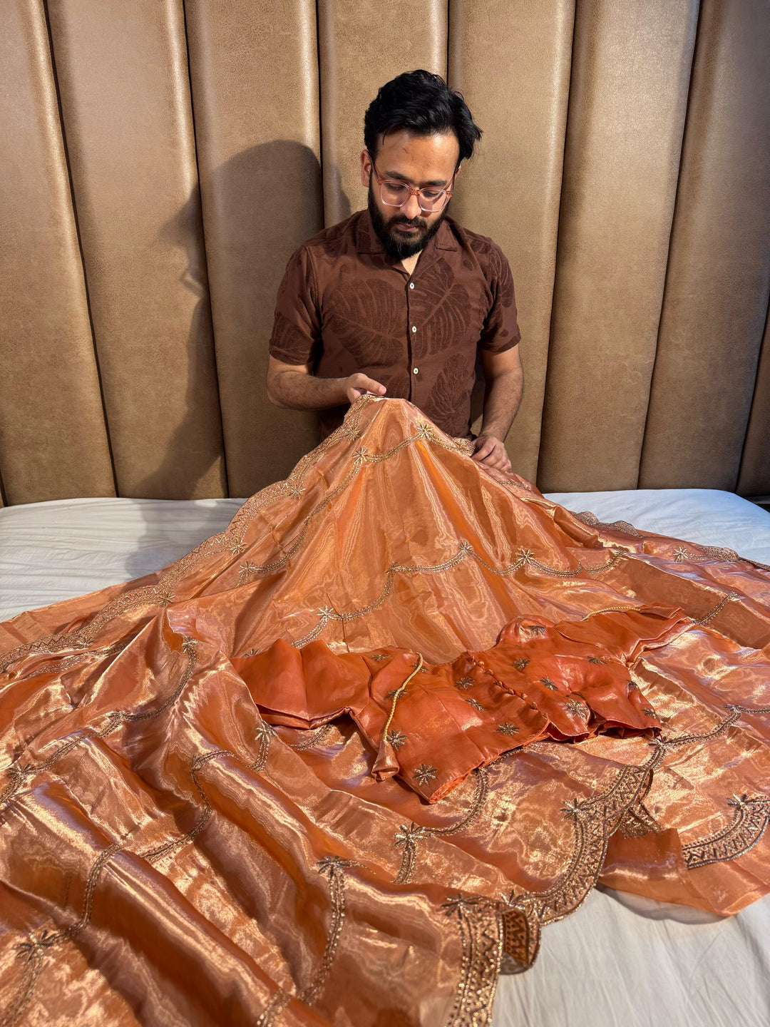 Orange Shade Shimmery Tissue Silk Saree with Lace Work