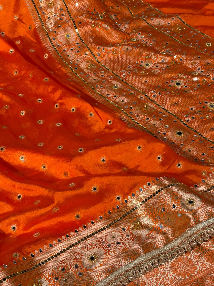 Orange Soft Georgette Ghungroo Mirror Work Saree