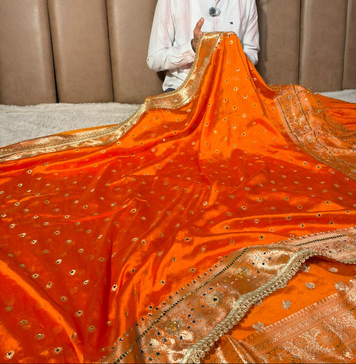 Orange Soft Georgette Ghungroo Mirror Work Saree