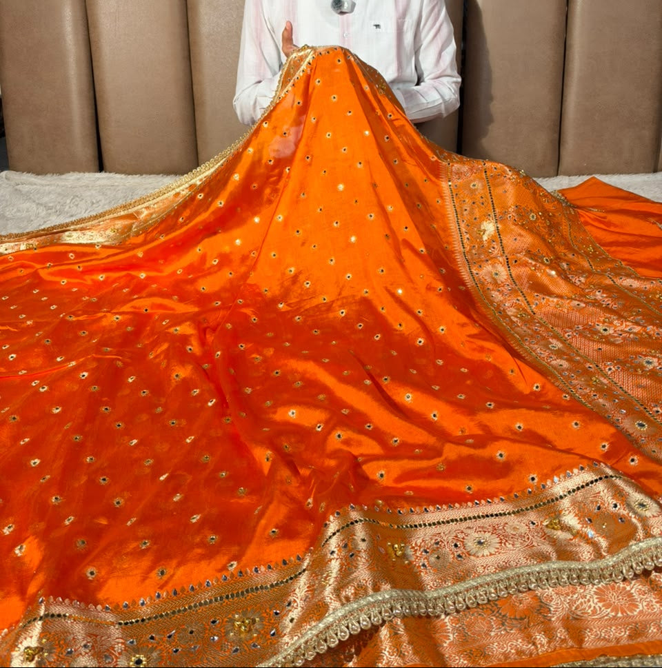 Orange Soft Georgette Ghungroo Mirror Work Saree