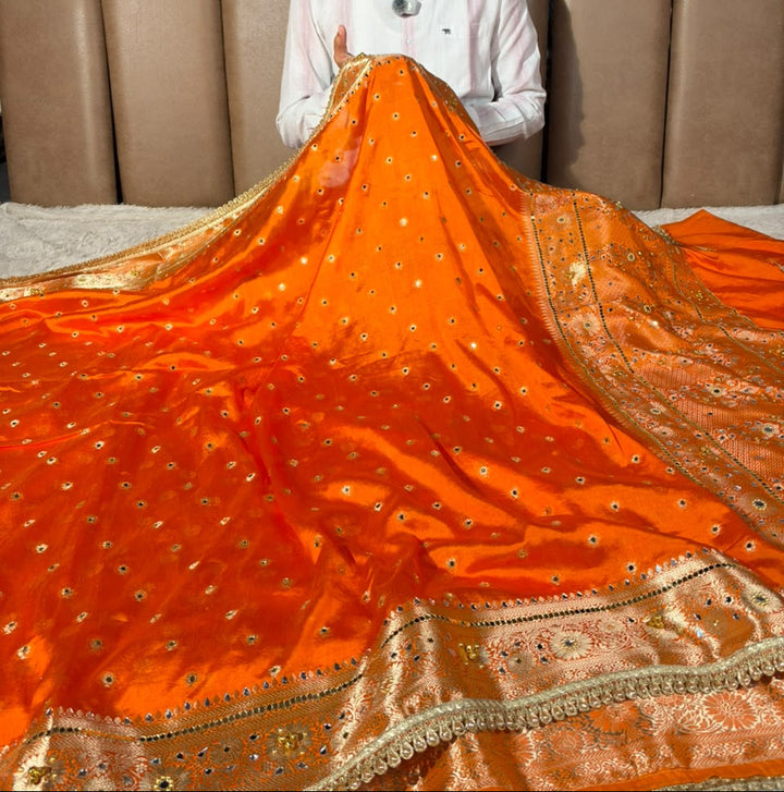 Orange Soft Georgette Ghungroo Mirror Work Saree