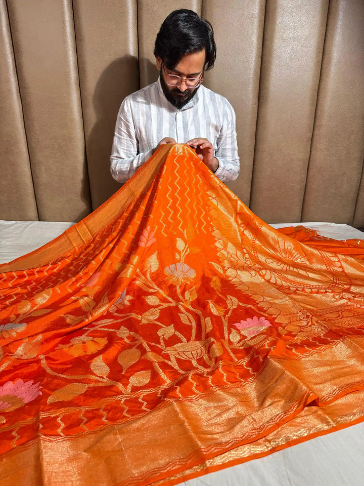 Orange Texture Banarasi Warm Silk Saree with Rich Pallu and Blouse