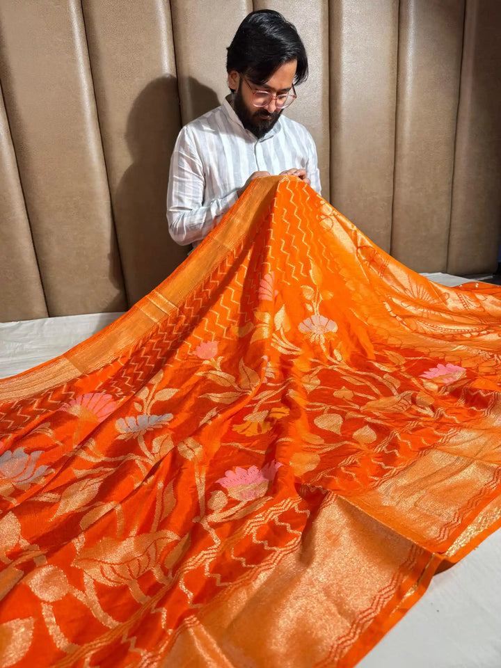 Orange Texture Banarasi Warm Silk Saree with Rich Pallu and Blouse