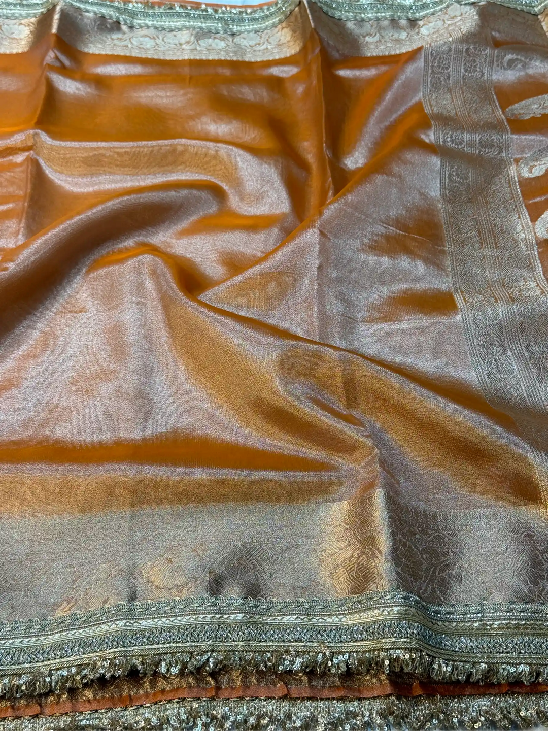 Orange Tissue Silk Lace Attached Banarasi Saree