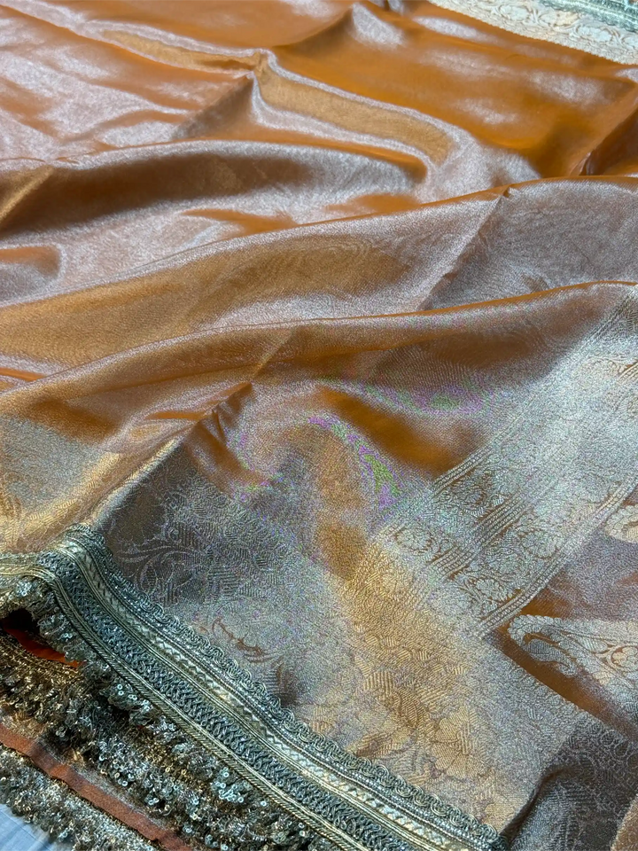 Orange Tissue Silk Lace Attached Banarasi Saree