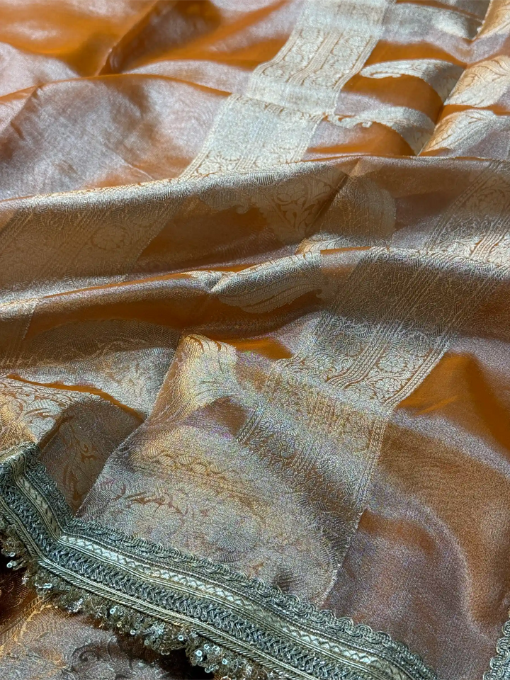 Orange Tissue Silk Lace Attached Banarasi Saree